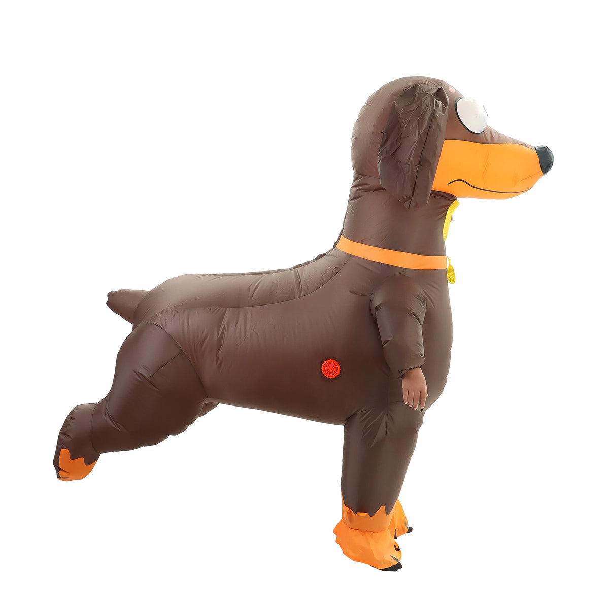 A brown inflatable dachshund dog costume for adults with an orange snout and ears.