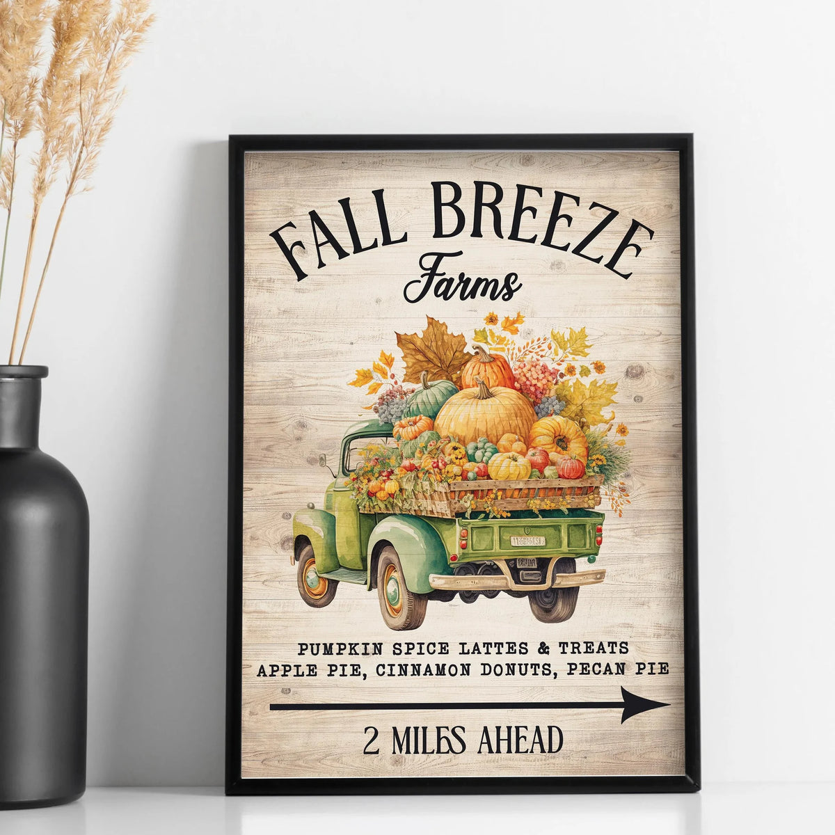 Wall art poster featuring a vintage green farm truck loaded with autumn harvest produce and treats.