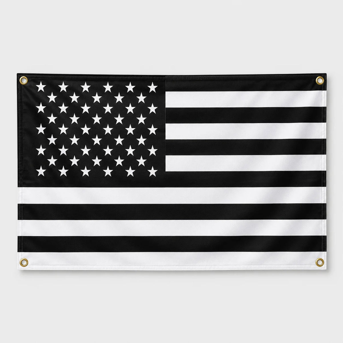 A black and white flag design featuring the stars and stripes pattern.