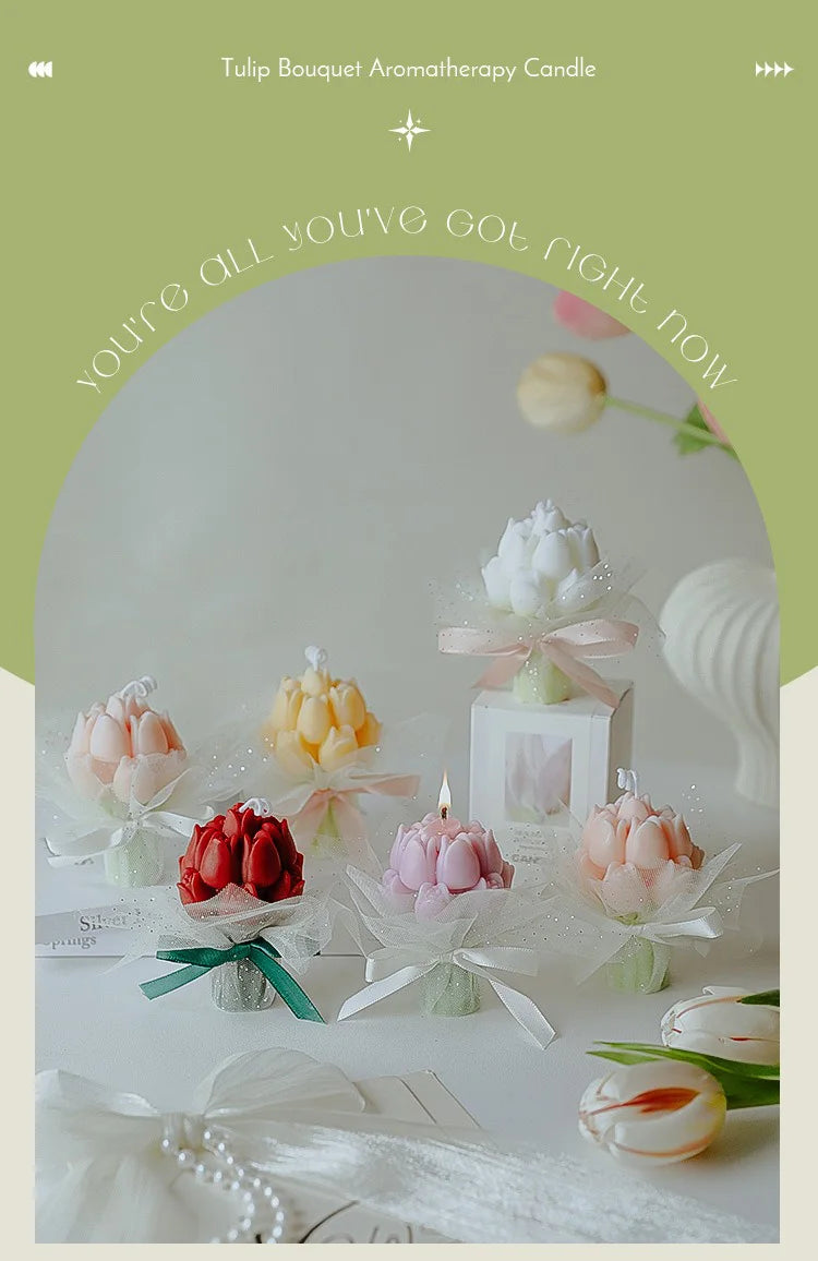 A collection of artisan tulip bouquet aromatherapy candles in various pastel colors like pink, yellow, and white.