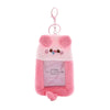 Pink fluffy bear keychain with a clear plastic holder for photocards