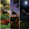 A whimsical witch wind rotor garden decor featuring a dark, feathered figure spinning in a field under a full moon.