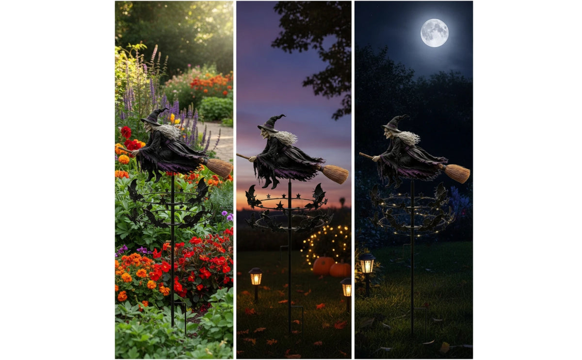A whimsical witch wind rotor garden decor featuring a dark, feathered figure spinning in a field under a full moon.