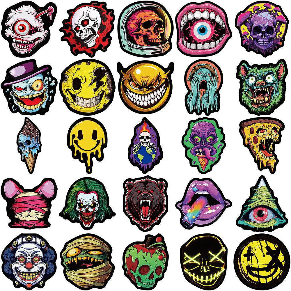 A collection of various skull and monster face decals featuring intense, grotesque, and stylized designs.