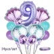 A set of nine purple and blue mermaid-themed balloons for a party decoration.