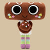 A brown plush toy resembling a character doll with large black eyes and small colorful stars on its face.