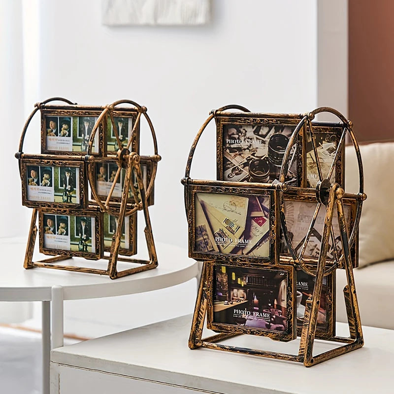 A set of vintage resin rotating photo frames displayed on a white table.