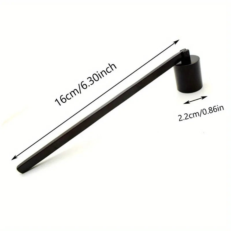 A black stainless steel candle extinguisher tool shown with dimension lines.