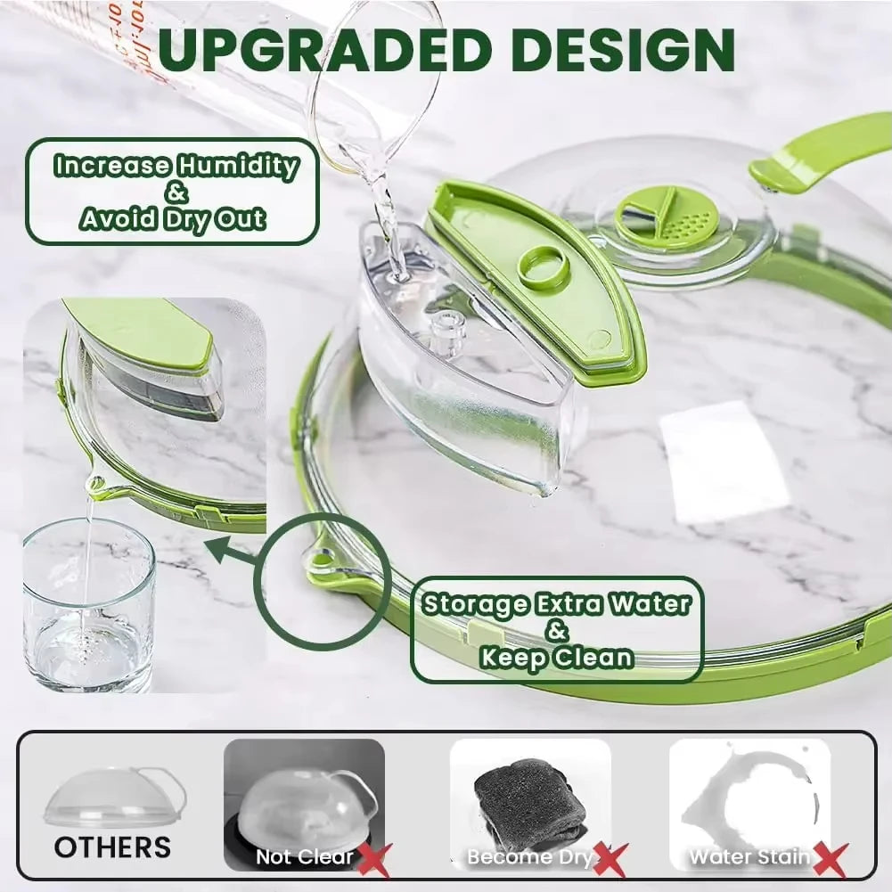 Transparent microwave splatter guard with a steam vent and handle shown in use.