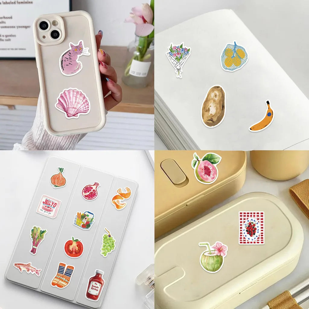 A collection of colorful Mediterranean aesthetic graffiti stickers on a white notebook and a clear plastic sheet.