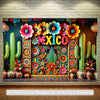 A vibrant painting featuring a colorful Mexican theme with cacti, flowers, and the word MEXICO.