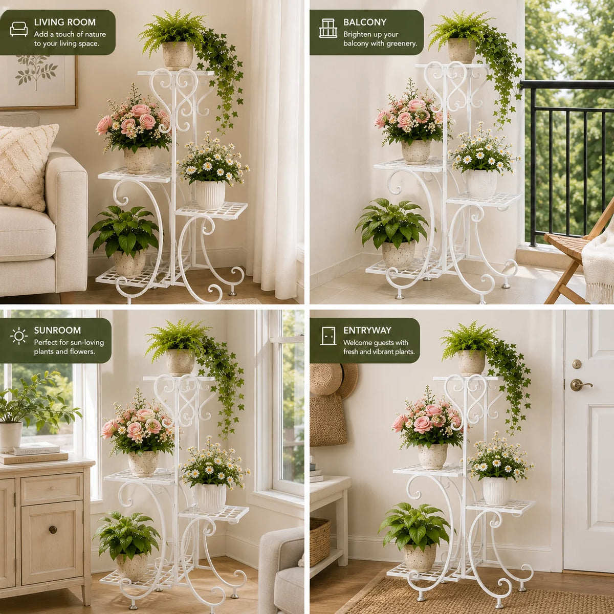 A white metal corner plant stand displaying various potted plants and flowers in a living room setting.