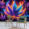 A vibrant tapestry featuring a neon cannabis leaf design with intense purple, blue, and orange flames against a dark backgrou