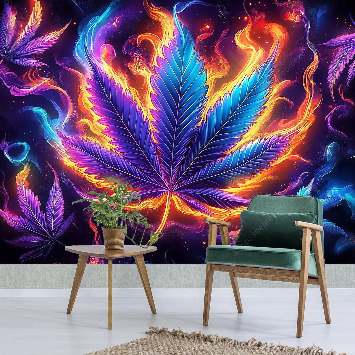 A vibrant tapestry featuring a neon cannabis leaf design with intense purple, blue, and orange flames against a dark backgrou