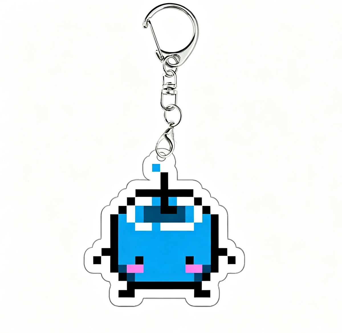 A pixel art charm of Junimo from Stardew Valley with a silver keyring.