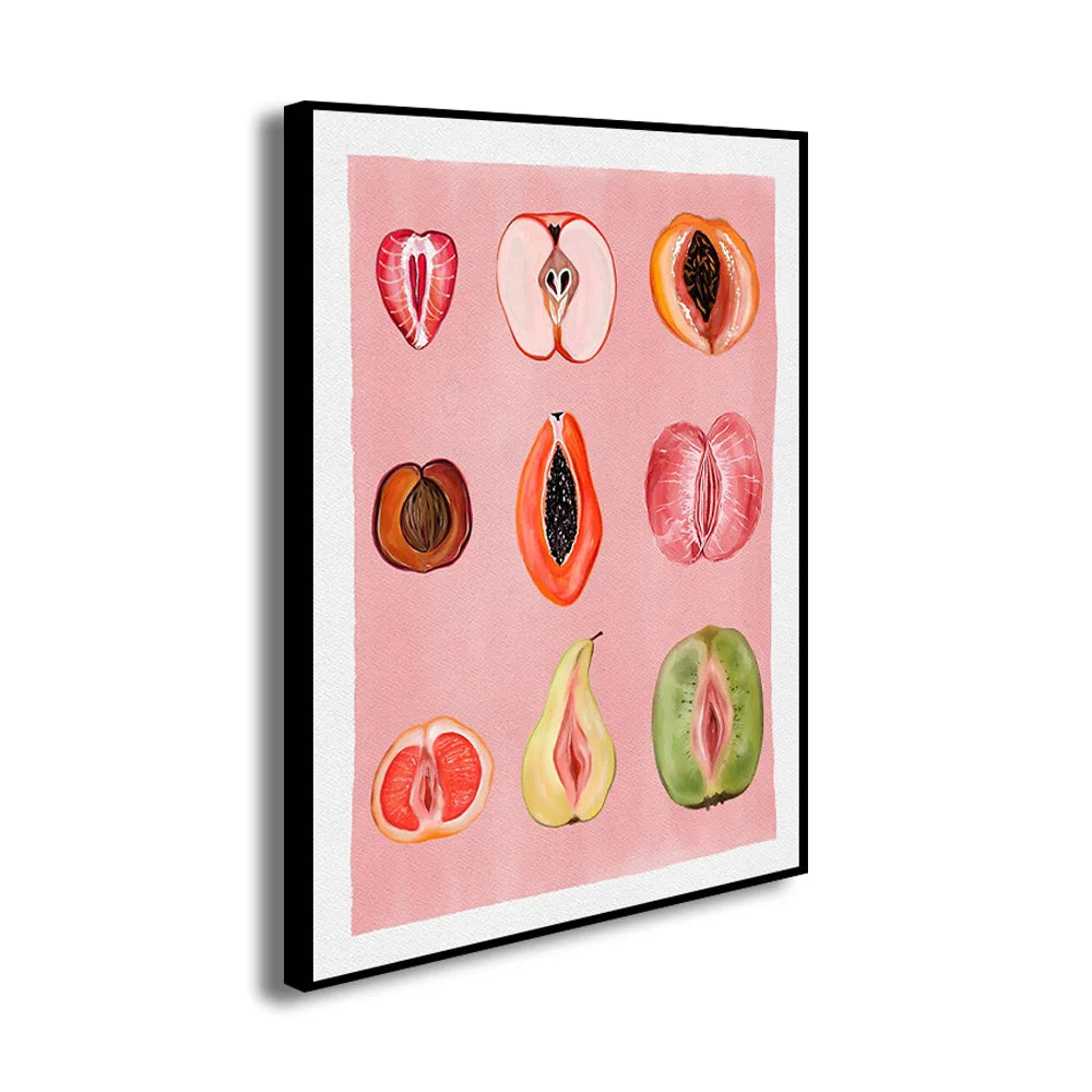 Abstract feminist fruit canvas wall art featuring various sliced and whole fruits on a pink background