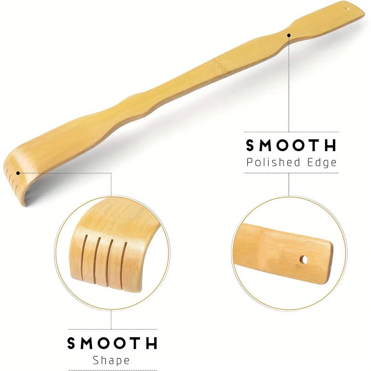 A light wood bamboo back scratcher with a smooth polished edge and simple shape.