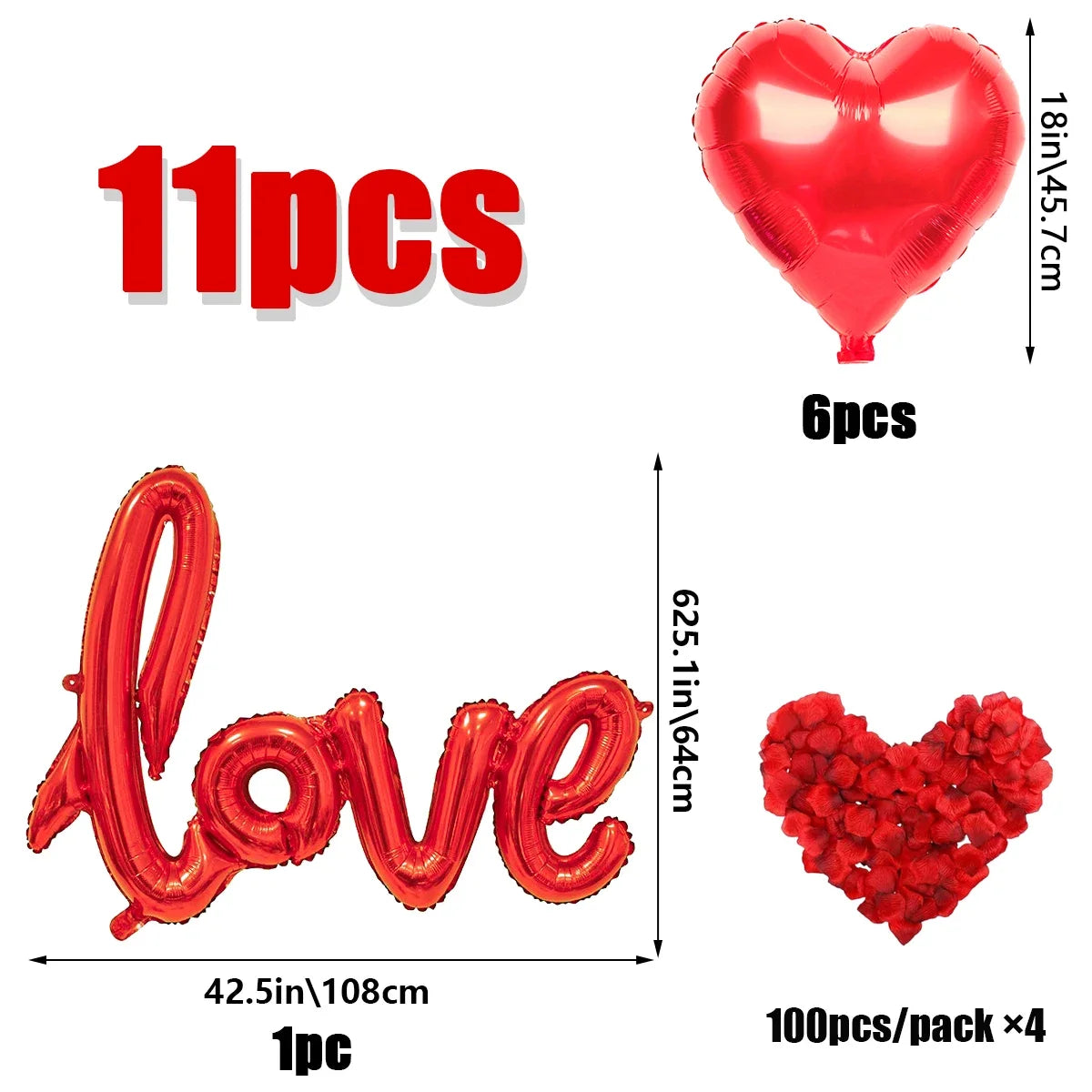 Red heart-shaped balloon decoration set with rose petals for romantic celebrations, including 11 pieces.