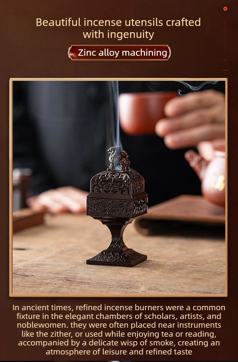 A dark bronze incense burner crafted with ingenuity sits on a wooden surface.