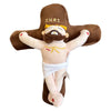 A plush doll set depicting Jesus and Mary with beards and halos, dressed in white clothing.