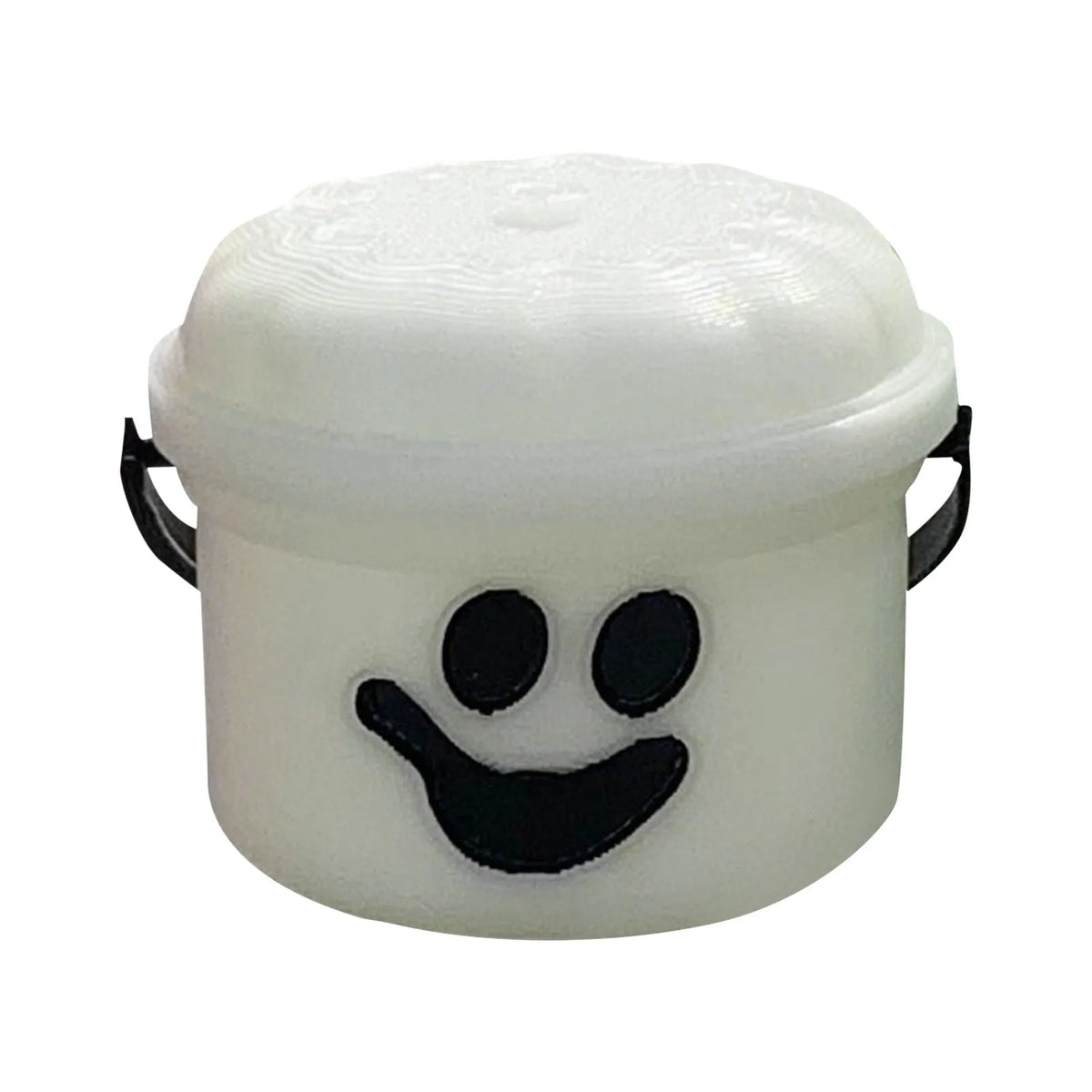 A white plastic miniature pumpkin bucket with a smiling face and handles for Halloween treats and decor.