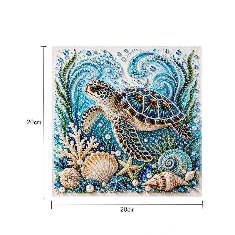 Kit de pintura de diamantes con una tortuga marina rodeada de coral y elementos acuáticos azules