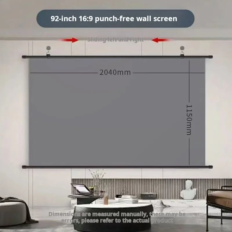 A 92-inch 16:9 punch-free wall screen is shown mounted on a wall, with dimensions marked.