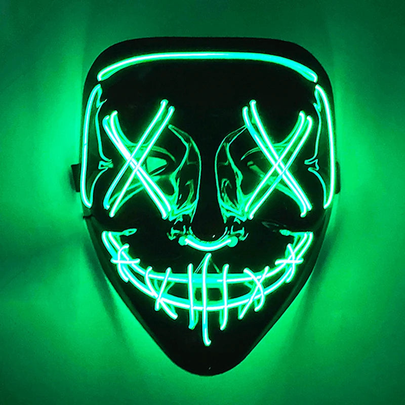 A black mask with glowing neon green lines forming a stylized, menacing face.