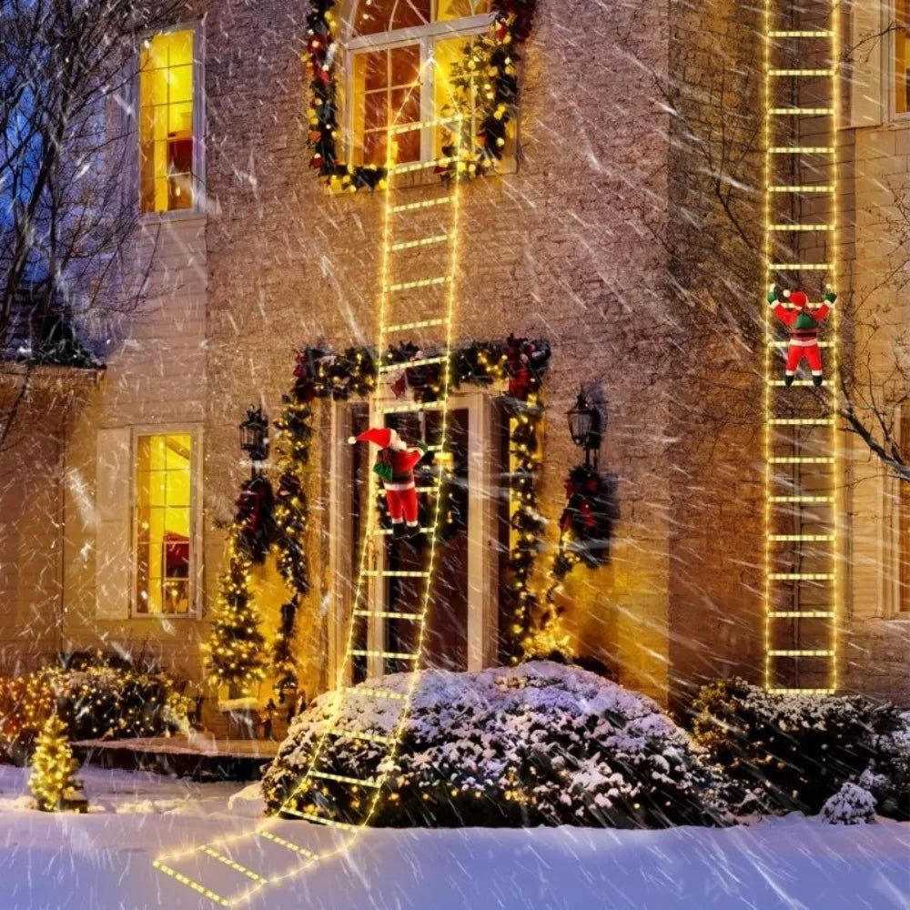A festive outdoor scene featuring a house decorated with Christmas lights and garlands, with snow falling.