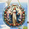 A translucent acrylic Mary Suncatcher featuring the Virgin Mary surrounded by roses and doves for window or wall decor.