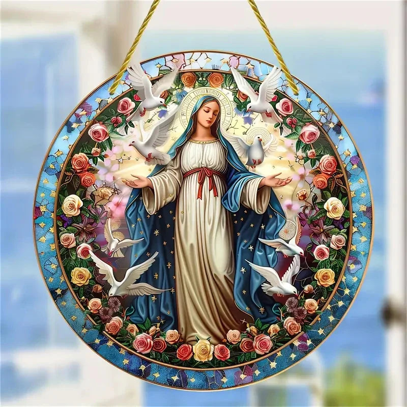 A translucent acrylic Mary Suncatcher featuring the Virgin Mary surrounded by roses and doves for window or wall decor.