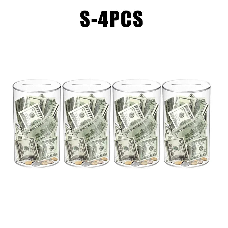 Four transparent acrylic money saving jars filled with US dollar bills.