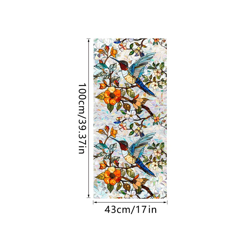 Botanical print static cling window film featuring colorful birds and floral branches