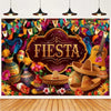 A vibrant Mexican fiesta photo backdrop featuring a sombrero, guitar, and cactus design.