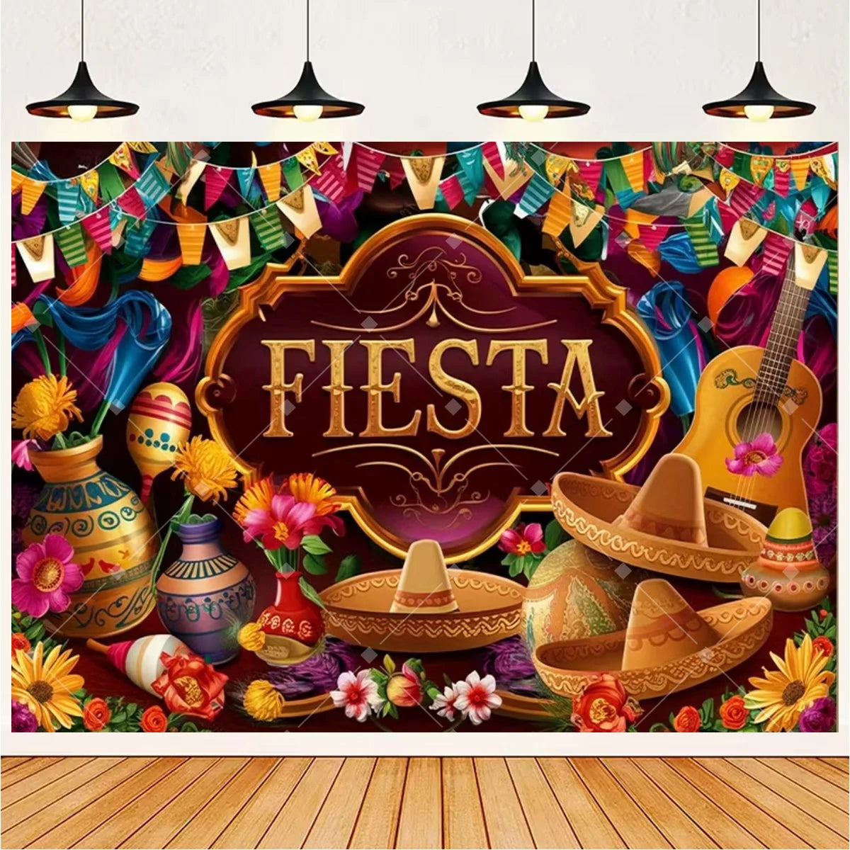 A vibrant Mexican fiesta photo backdrop featuring a sombrero, guitar, and cactus design.