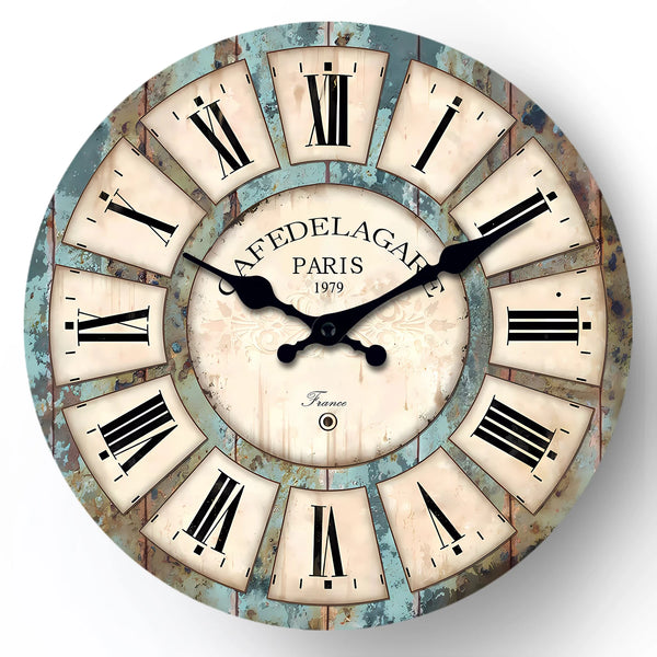 A rustic wooden wall clock with Roman numerals and the inscription PARIS 1979 on the face.