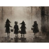 A moody, sepia-toned painting of three shadowy figures in witch costumes standing in a misty forest.