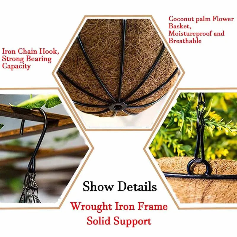 A woven coconut palm flower basket with a wrought iron chain hook and strong bearing capacity.