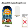 Single sided arch cover backdrop featuring a happy birthday design with soccer balls and grass for photo booths