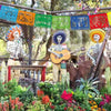 Decorative felt flags hanging outdoors with skeletons and guitars as party decorations