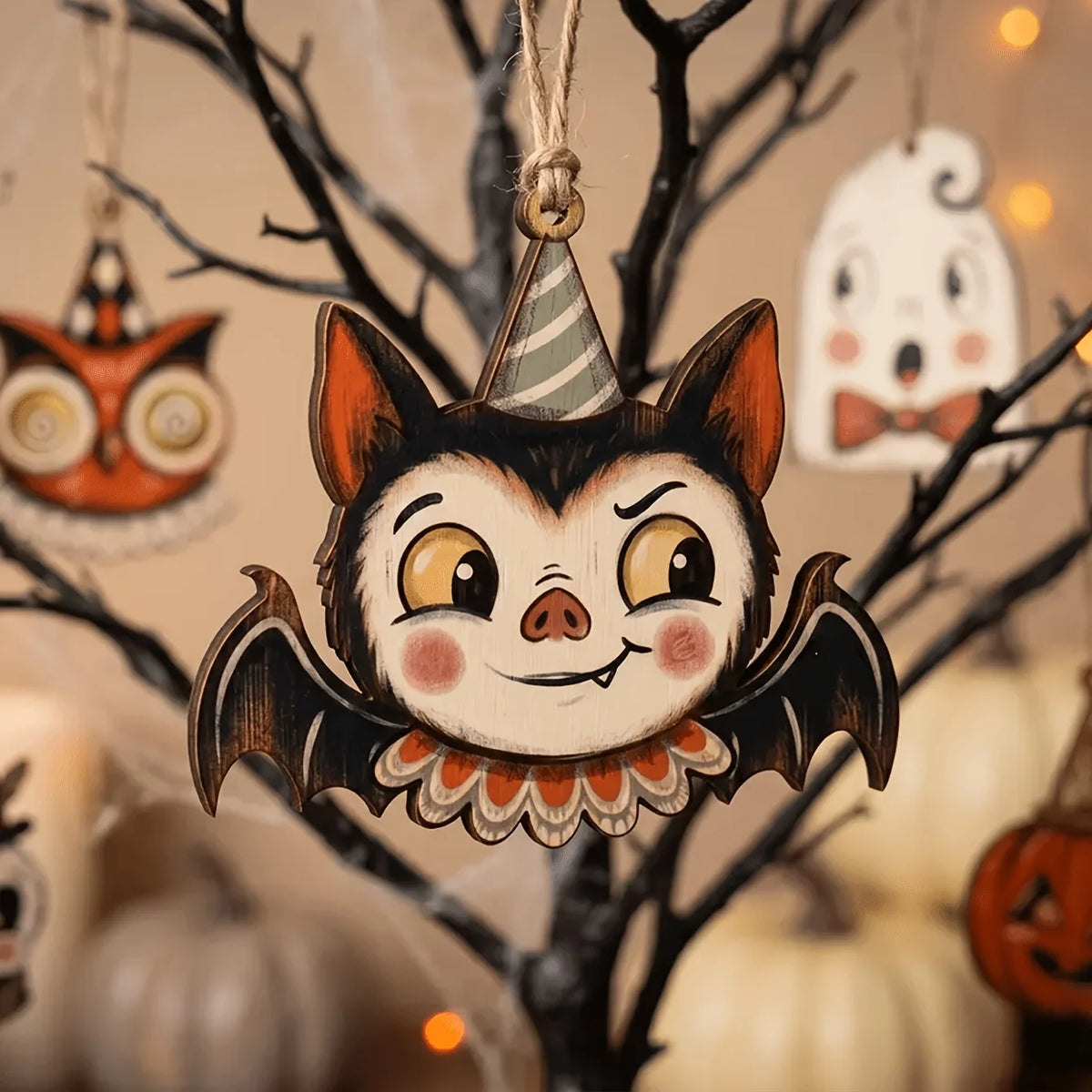 A wooden hanging ornament of an owl with large eyes and pointed ears, featuring orange and black colors.