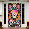A vibrant sugar skull dia de los muertos door cover featuring colorful skulls and papel picado designs.