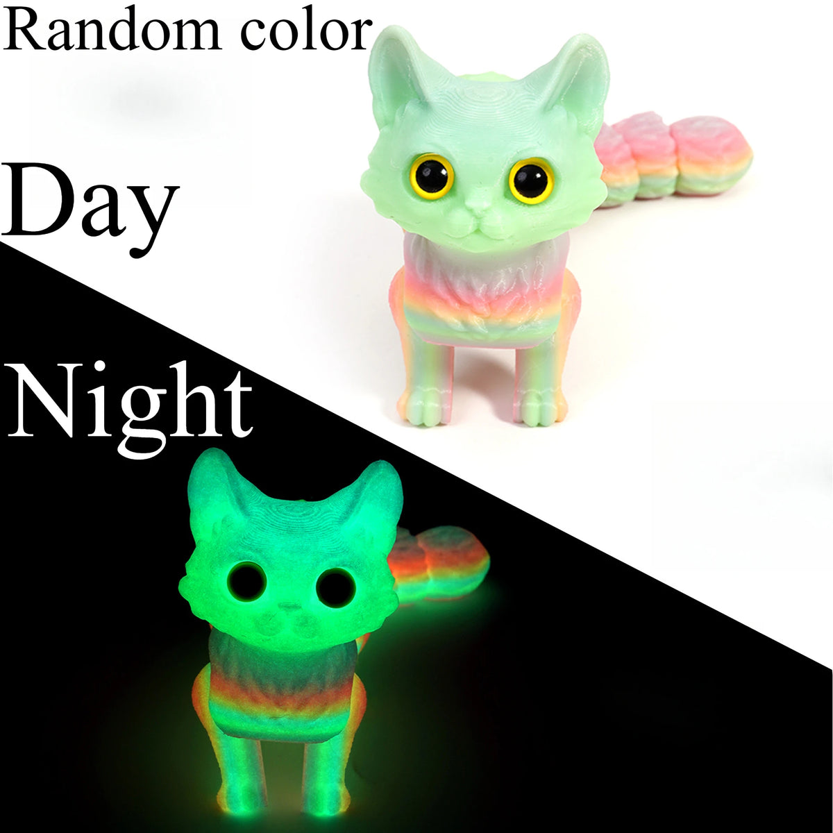A 3D printed cat figurine with an articulated tail, shown in a light mint green color under dark lighting.