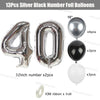 Silver and black number foil balloons including 40, 10, and 32 inch numbers with ribbon