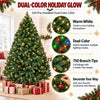 A fully decorated Christmas tree with dual-color holiday glow lights and gift boxes.