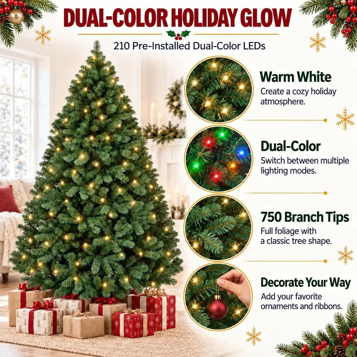 A fully decorated Christmas tree with dual-color holiday glow lights and gift boxes.