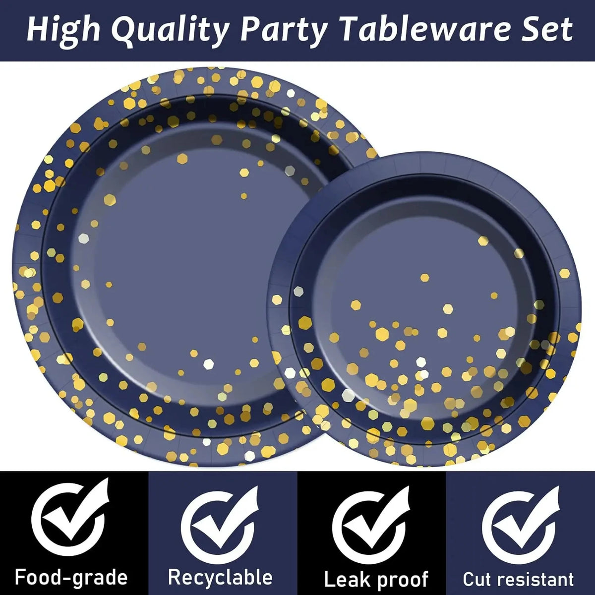 A set of blue and gold disposable party tableware plates shown in a flat lay view.