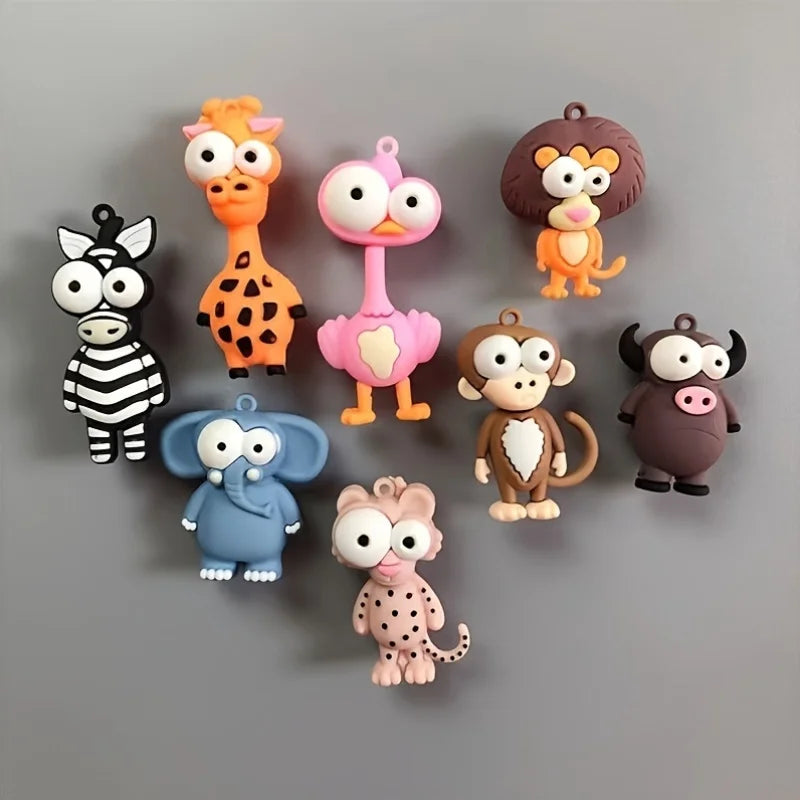 A set of six colorful, stylized animal-themed decorative refrigerator magnets.
