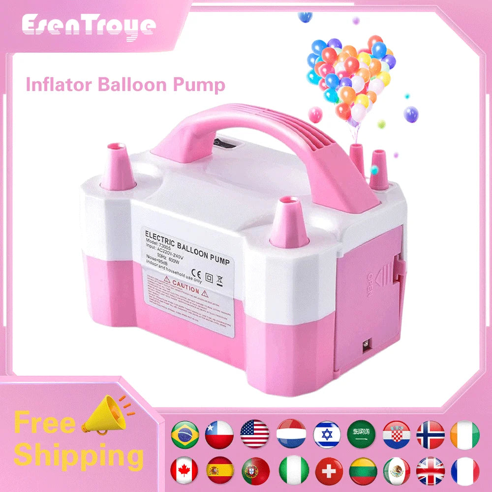 Pompe à ballon électrique rose et blanc avec poignée pour gonfler des ballons.