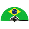 A green Brazilian flag fan with a yellow diamond and blue circle emblem.